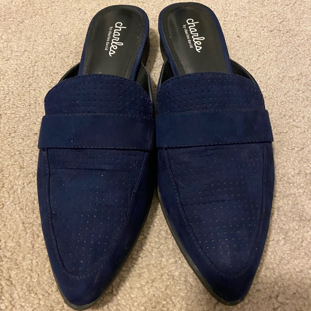 Navy suede mules